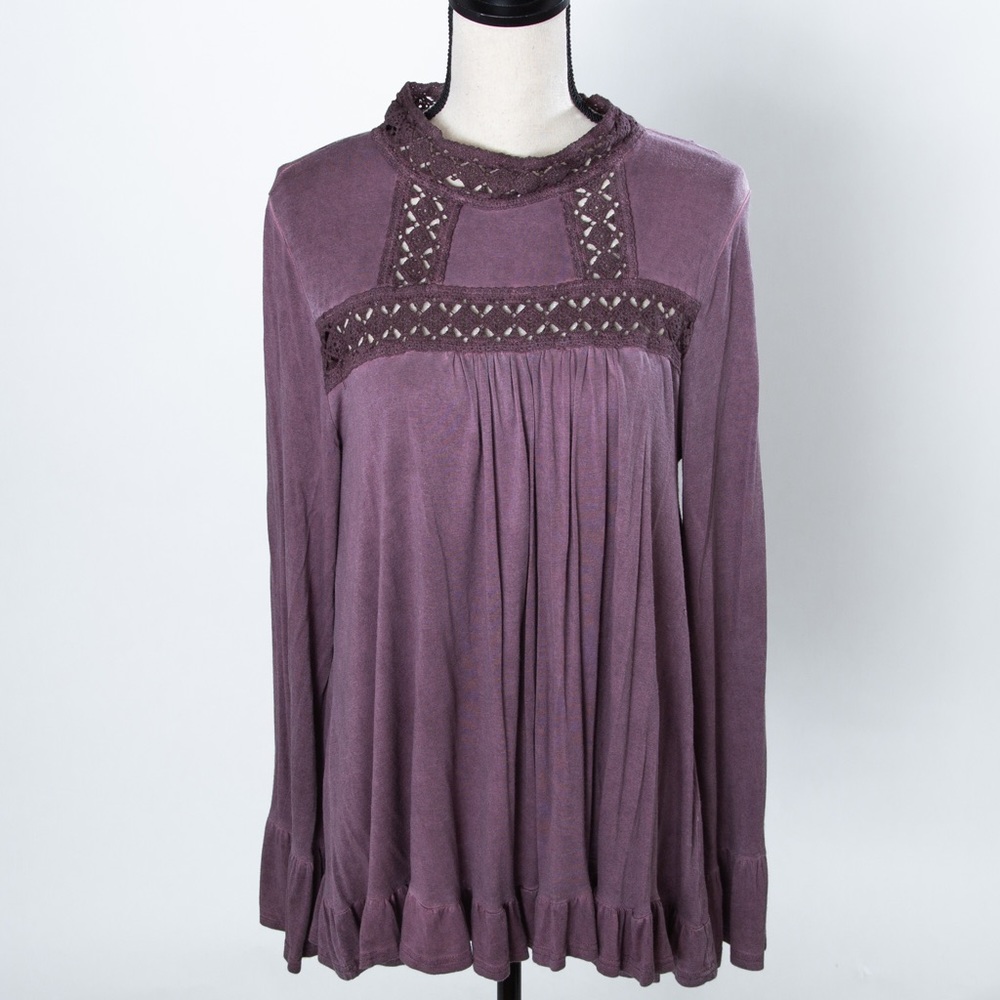 Boho chic crochet soft flowy bell sleeve top faded plum vintage inspired Easel